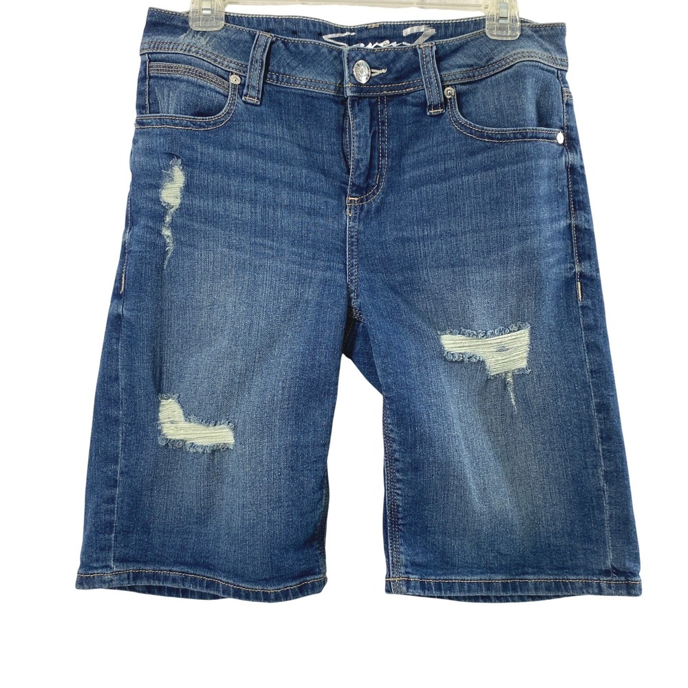 Seven7 Women Bermuda Denim Shorts Size 8 Blue Distressed 10" Inseam Style MY3107